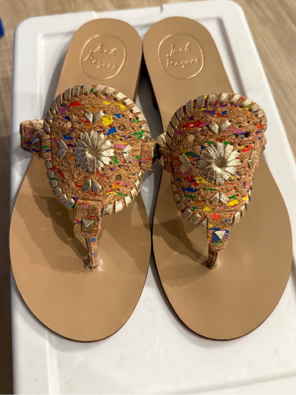 Jack Rogers GEORGICA MULTICOLOR CORK SANDALS, Size 8